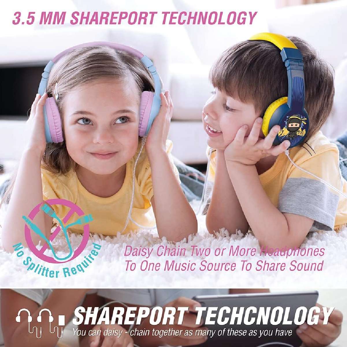 Sidekick Series Auriculares con cable para niños con puerto compartido.Azul y Amarillo - Imagen 14